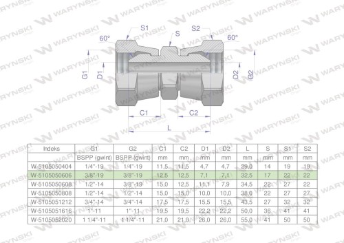 Złączka hydrauliczna calowa AA 3/8" BSP Waryński ( sprzedawane po 2 )-24937