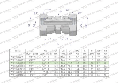 Złączka hydrauliczna redukcyjna calowa AA 3/8" x 1/2" BSP Waryński ( sprzedawane po 2 )-24943