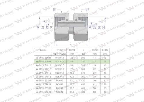 Złączka hydrauliczna metryczna AA M14x1.5 08L Waryński ( sprzedawane po 5 )-24978