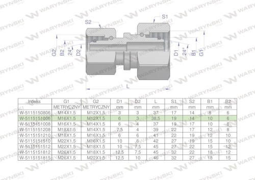 Złączka hydrauliczna metryczna AA M16x1.5 10L x M12x1.5 06L Waryński ( sprzedawane po 2 )-29599