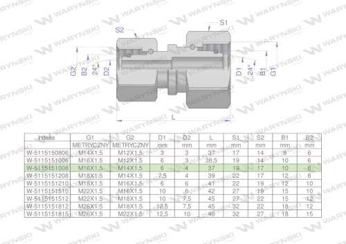 Złączka hydrauliczna metryczna AA M16x1.5 10L x M14x1.5 08L Waryński ( sprzedawane po 2 )-29597