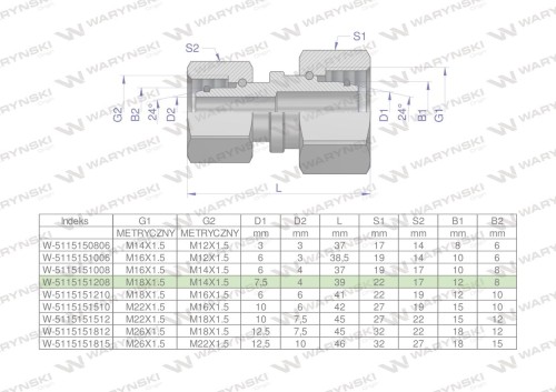 Złączka hydrauliczna metryczna AA M18x1.5 12L x M14x1.5 08L Waryński ( sprzedawane po 2 )-29595