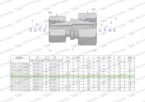Złączka hydrauliczna metryczna AA M18x1.5 12L x M16x1.5 10L Waryński ( sprzedawane po 5 )-29593