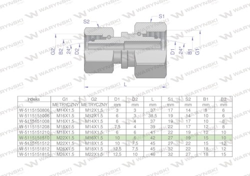 Złączka hydrauliczna metryczna AA M22x1.5 15L x M16x1.5 10L Waryński ( sprzedawane po 5 )-29591