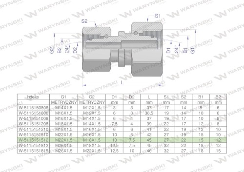 Złączka hydrauliczna metryczna AA M22x1.5 15L x M18x1.5 12L Waryński ( sprzedawane po 5 )-29589