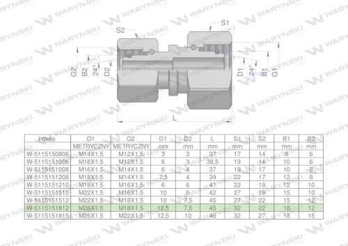 Złączka hydrauliczna metryczna AA M26x1.5 18L x M18x1.5 12L Waryński-29587