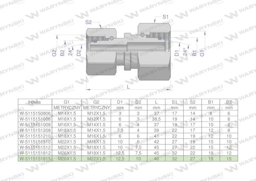 Złączka hydrauliczna metryczna AA M26x1.5 18L x M22x1.5 15L Waryński-29585