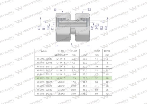 Złączka hydrauliczna metryczna AA M26x1.5 18L Waryński-24990