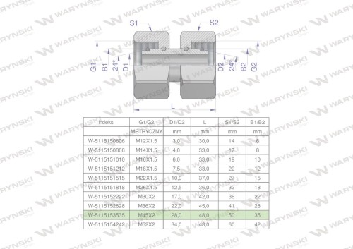 Złączka hydrauliczna metryczna AA M45x2 35L Waryński-25008
