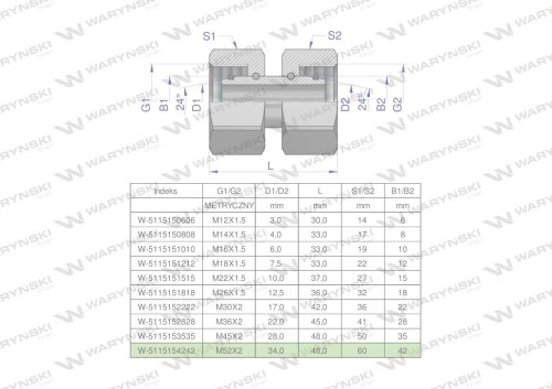 Złączka hydrauliczna metryczna AA M52x2 42L Waryński-25014