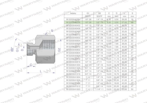 Tulejka różnicowa hydrauliczna calowa AB 1/8"GZ x 3/8"GW BSP Waryński ( sprzedawane po 2 )-25429