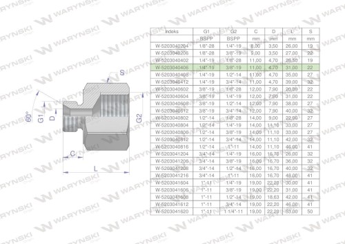 Tulejka różnicowa hydrauliczna calowa AB 1/4"GZ x 3/8"GW BSP Waryński ( sprzedawane po 2 )-25441