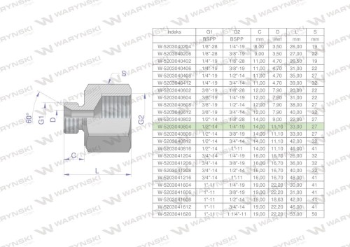 Tulejka różnicowa hydrauliczna calowa AB 1/2"GZ x 1/4"GW BSP Waryński ( sprzedawane po 2 )-25489