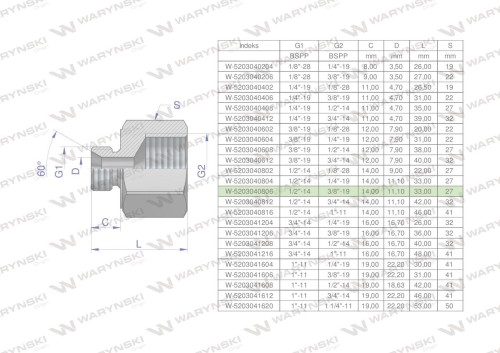 Tulejka różnicowa hydrauliczna calowa AB 1/2"GZ x 3/8"GW BSP Waryński ( sprzedawane po 2 )-25495