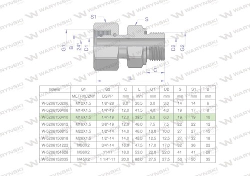 Przyłączka hydrauliczna AB (EVGE) M16x1.5 10L x 1/4" BSP ED Waryński ( sprzedawane po 2 )-25138