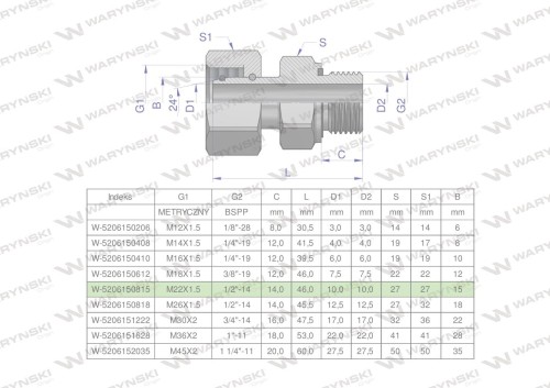 Przyłączka hydrauliczna AB (EVGE) M22x1.5 15L x 1/2" BSP ED Waryński ( sprzedawane po 2 )-25150