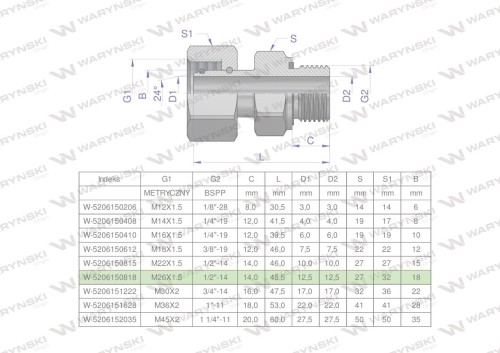 Przyłączka hydrauliczna AB (EVGE) M26x1.5 18L x 1/2" BSP ED Waryński-25156