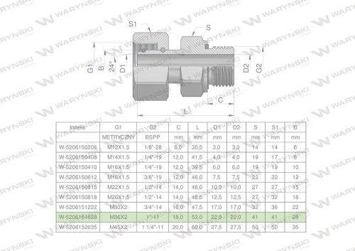 Przyłączka hydrauliczna AB (EVGE) M36x2 28L x 1" BSP ED Waryński-25168