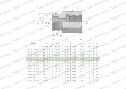 Tulejka różnicowa hydrauliczna AB M16x1.5 10L GZ x 1/4" BSP GW Waryński ( sprzedawane po 2 )-25617