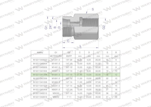 Tulejka różnicowa hydrauliczna AB M18x1.5 12L GZ x 1/4" BSP Waryński ( sprzedawane po 2 )-25623