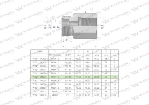 Tulejka różnicowa hydrauliczna AB M18x1.5 12L GZ x 3/8" BSP Waryński ( sprzedawane po 2 )-25629