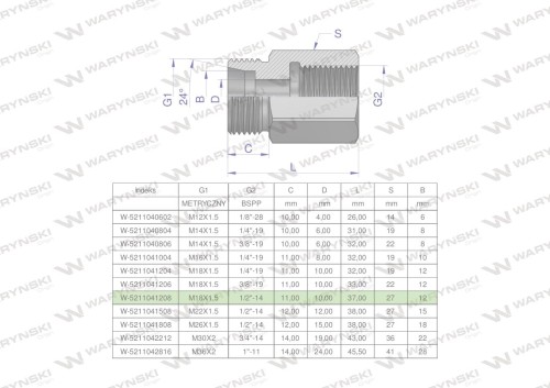 Tulejka różnicowa hydrauliczna AB M18x1.5 12L GZ x 1/2" BSP Waryński ( sprzedawane po 2 )-25635