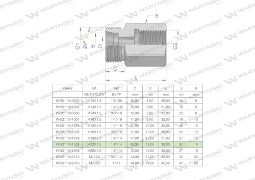 Tulejka różnicowa hydrauliczna AB M22x1.5 15L GZ x 1/2" BSP Waryński ( sprzedawane po 2 )-25641