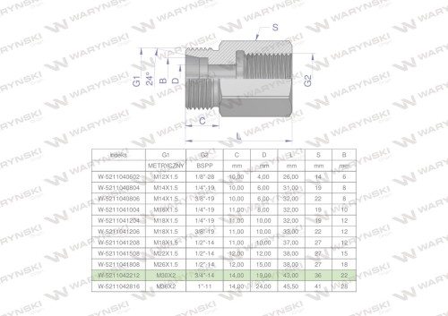 Tulejka różnicowa hydrauliczna AB M30x2 22L GZ x 3/4" BSP GW Waryński-25653