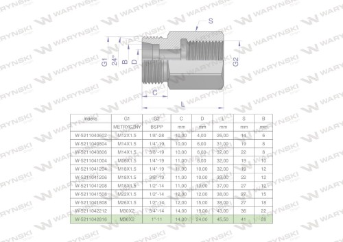 Tulejka różnicowa hydrauliczna AB M36x2 28L GZ x 1" BSP GW Waryński-25659