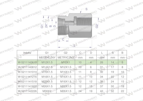 Tulejka różnicowa hydrauliczna metryczna AB M12x1.5 06L GZ x M10x1 GW Waryński ( sprzedawane po 2 )-25566