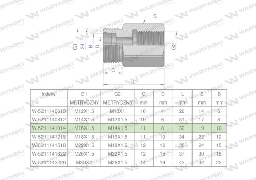 Tulejka różnicowa hydrauliczna metryczna AB M16x1.5 10L GZ x M14x1.5 GW Waryński ( sprzedawane po 2 )-25576