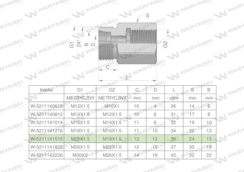 Tulejka różnicowa hydrauliczna metryczna AB M22x1.5 15L GZ x M18x1.5 GW Waryński ( sprzedawane po 2 )-25586