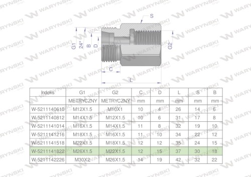Tulejka różnicowa hydrauliczna metryczna AB M26x1.5 18L GZ x M22x1.5 GW Waryński-25591