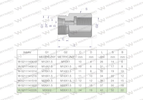 Tulejka różnicowa hydrauliczna metryczna AB 30x2 22L GZ x M26x1.5 GW Waryński-25596