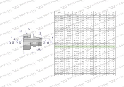 Złączka hydrauliczna metryczna AB (XKOR) A-M30x2 22L / B-M18x1.5 12L Waryński-26909