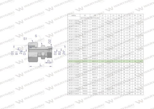 Złączka hydrauliczna metryczna AB (XKOR) A-M30x2 22L / B-M22x1.5 15L Waryński-26933