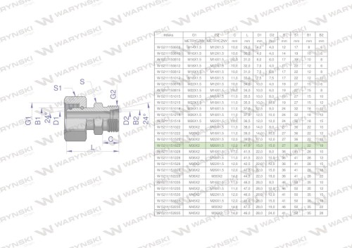 Złączka hydrauliczna metryczna AB (XKOR) A-M30x2 22L / B-M26x1.5 18L Waryński-26951