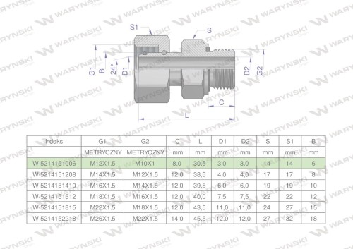 Przyłączka hydrauliczna metryczna AB (EVGE) M12x1.5 06L x M10x1 ED Waryński ( sprzedawane po 2 )-25091
