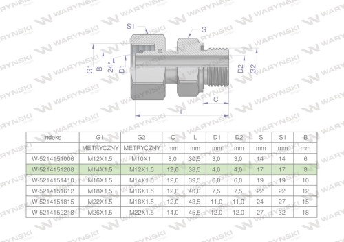 Przyłączka hydrauliczna metryczna AB (EVGE) M14x1.5 08L x M12x1.5 ED Waryński ( sprzedawane po 2 )-25096