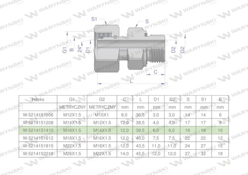 Przyłączka hydrauliczna metryczna AB (EVGE) M16x1.5 10L x M14x1.5 ED Waryński ( sprzedawane po 2 )-25102