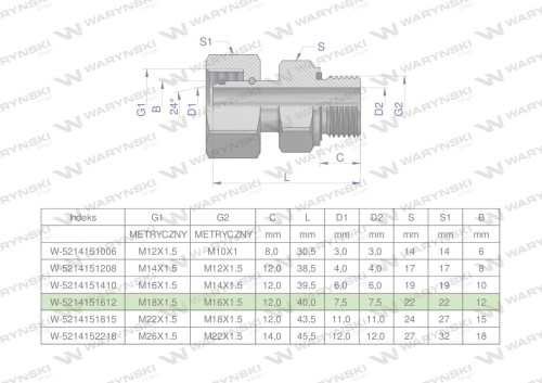 Przyłączka hydrauliczna metryczna AB (EVGE) M18x1.5 12L x M16x1.5 ED Waryński ( sprzedawane po 2 )-25108
