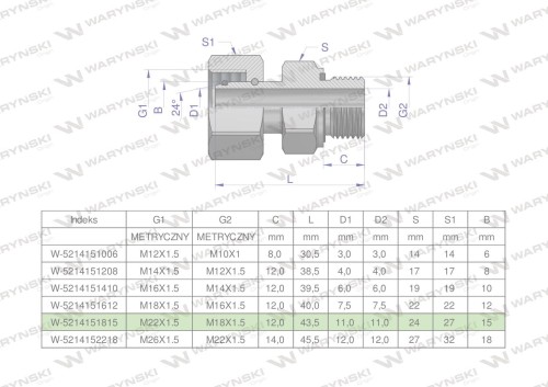 Przyłączka hydrauliczna metryczna AB (EVGE) M22x1.5 15L x M18x1.5 ED Waryński ( sprzedawane po 2 )-25114