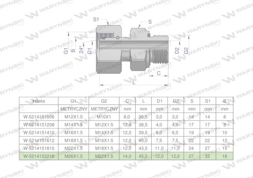 Przyłączka hydrauliczna metryczna AB (EVGE) M26x1.5 18L x M22x1.5 ED Waryński ( sprzedawane po 2 )-25120