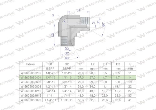 Kolanko hydrauliczne calowe BB 1/4" BSP (XW) Waryński ( sprzedawane po 2 )-27088