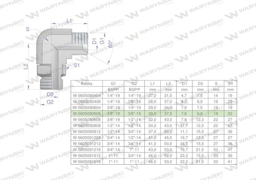 Kolanko hydrauliczne nastawne calowe BB 3/8" x 3/8" BSP z regulacją Waryński-24747