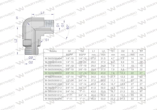 Kolanko hydrauliczne nastawne calowe BB 3/8" x 1/2" BSP z regulacją Waryński-24753