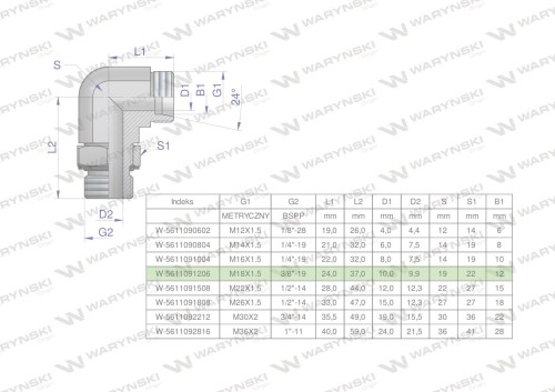 Kolanko hydrauliczne nastawne BB M18x1.5 12L x 3/8"BSP z regulacją Waryński ( sprzedawane po 2 )-24819