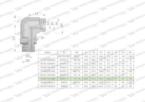 Kolanko hydrauliczne nastawne BB M26x1.5 18L x 1/2"BSP z regulacją Waryński-24831