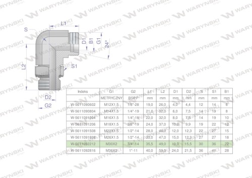 Kolanko hydrauliczne nastawne BB M30x2 22L x 3/4"BSP z regulacją Waryński-24837