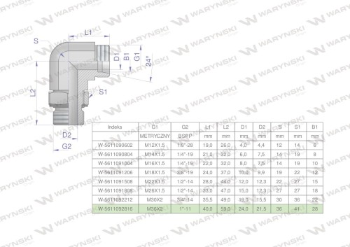 Kolanko hydrauliczne nastawne BB M36x2 28L x 1"BSP z regulacją Waryński-24843